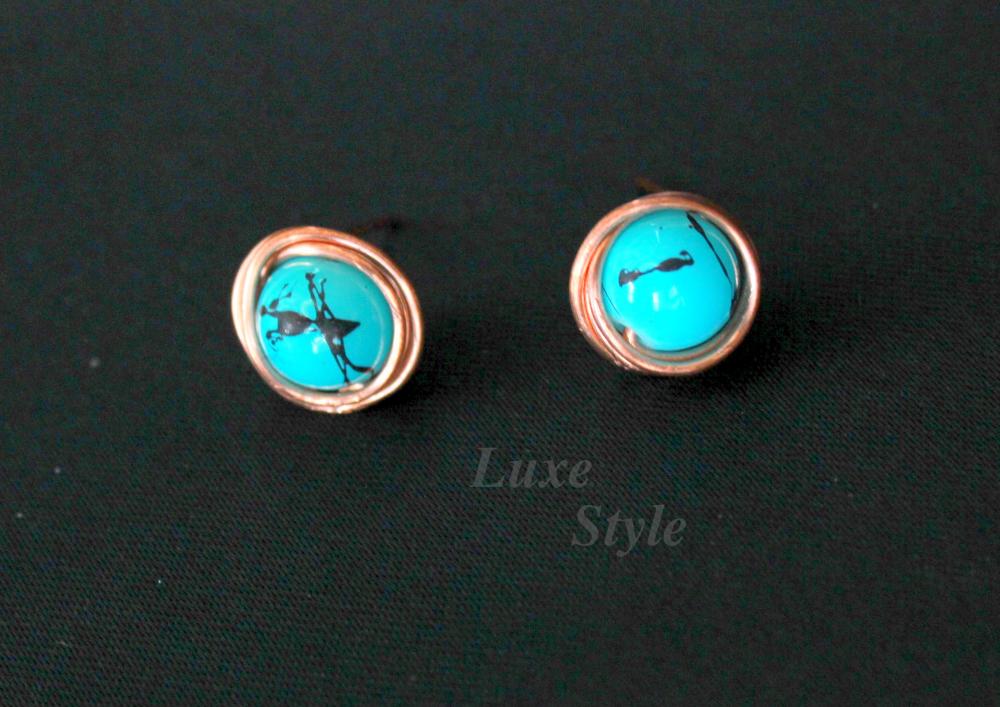 Turquoise Stud Ear Rings Copper Metal Post Ear Rings Handmade Jewelry Wire Wrapped Gifts For Her Luxe Style