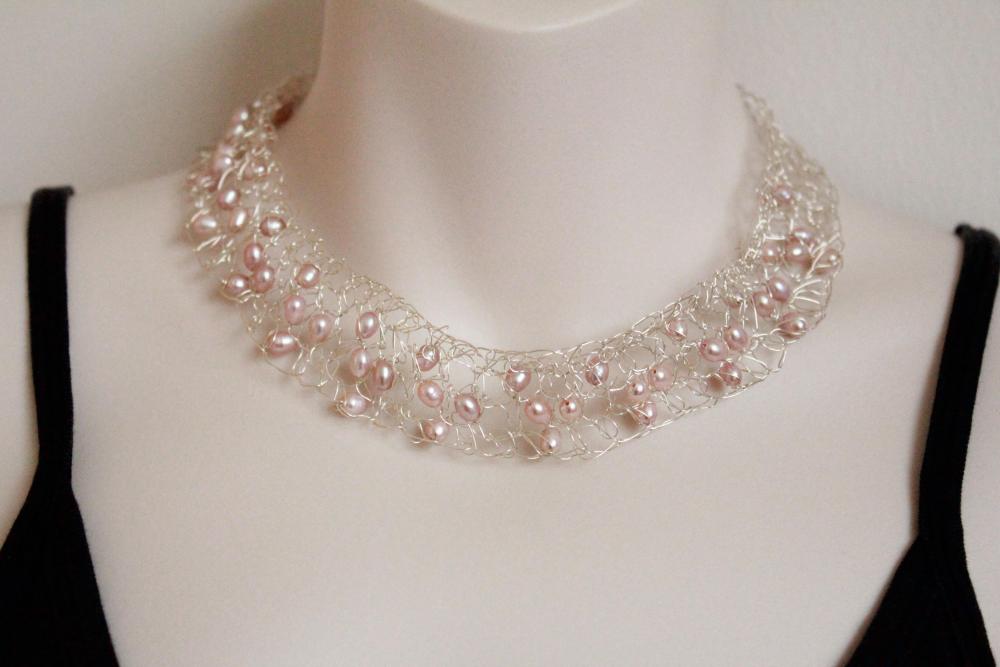 Pearl Bridal Necklace Classic Statement Jewelry Sterling Silver Wire Wrapped Contemporary