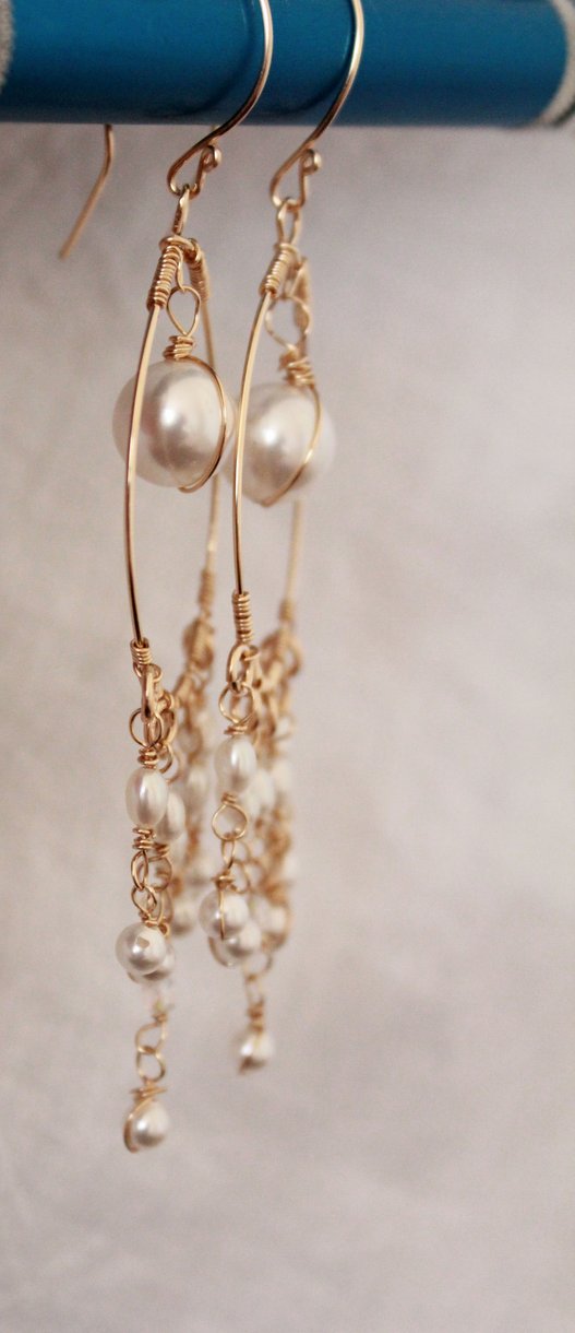 Bridal Chandelier Earrings, Pearl Drop Gold Earrings, Wire Wrapped