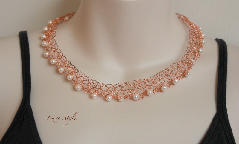 Pearl Necklace, Copper Wire Necklace, Wire Wrapped Fine Jewelry,